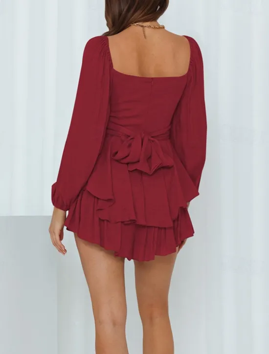 Hot Women's Mini Dress White Dress A Line Dress Stylish Casual Lantern Sleeve Vacation Daily Date Regular Fit Plain Long Sleeve Square Neck Black White Pink Wine Summer Fall Women White Dresses