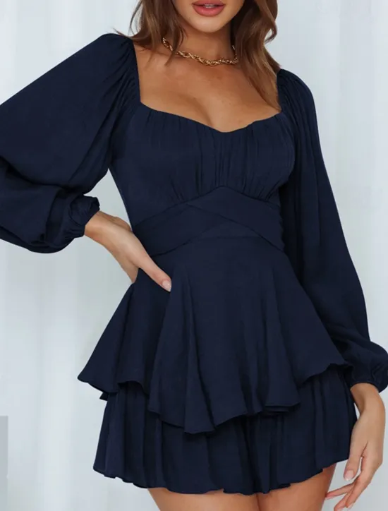 Hot Women's Mini Dress White Dress A Line Dress Stylish Casual Lantern Sleeve Vacation Daily Date Regular Fit Plain Long Sleeve Square Neck Black White Pink Wine Summer Fall Women White Dresses