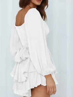 Hot Women's Mini Dress White Dress A Line Dress Stylish Casual Lantern Sleeve Vacation Daily Date Regular Fit Plain Long Sleeve Square Neck Black White Pink Wine Summer Fall Women White Dresses