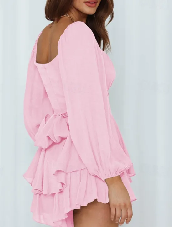 Hot Women's Mini Dress White Dress A Line Dress Stylish Casual Lantern Sleeve Vacation Daily Date Regular Fit Plain Long Sleeve Square Neck Black White Pink Wine Summer Fall Women White Dresses