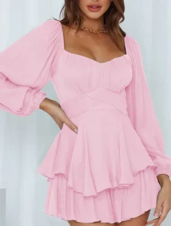 Hot Women's Mini Dress White Dress A Line Dress Stylish Casual Lantern Sleeve Vacation Daily Date Regular Fit Plain Long Sleeve Square Neck Black White Pink Wine Summer Fall Women White Dresses