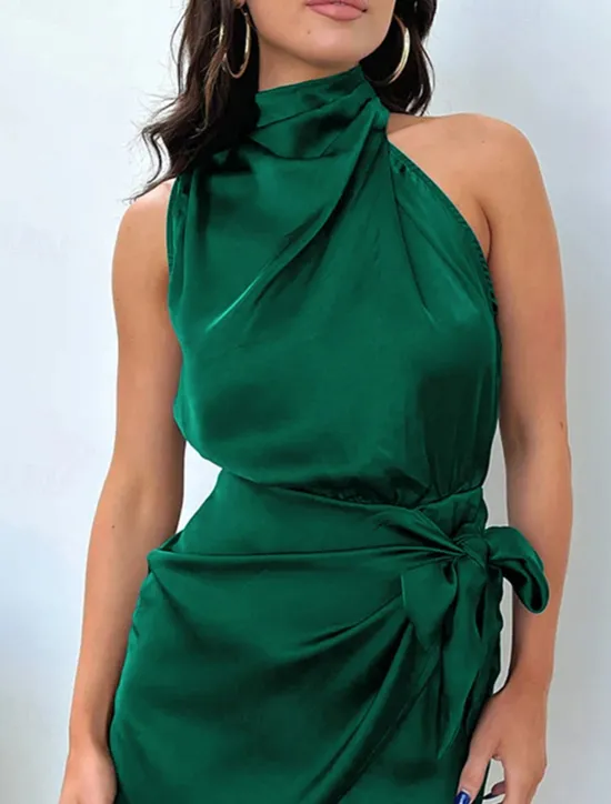 Women's Mini Dress White Dress Casual Dress Satin Dress Summer Dress Elegant Casual Vacation Daily Date Regular Fit Plain Sleeveless Turtleneck Black Dark Green Khaki Summer Spring Women Cocktail Dress