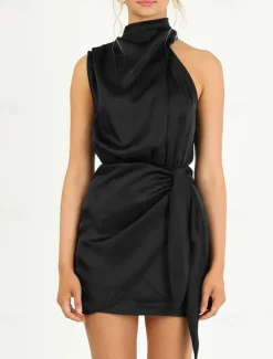 Women's Mini Dress White Dress Casual Dress Satin Dress Summer Dress Elegant Casual Vacation Daily Date Regular Fit Plain Sleeveless Turtleneck Black Dark Green Khaki Summer Spring Women Cocktail Dress
