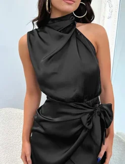 Women's Mini Dress White Dress Casual Dress Satin Dress Summer Dress Elegant Casual Vacation Daily Date Regular Fit Plain Sleeveless Turtleneck Black Dark Green Khaki Summer Spring Women Cocktail Dress