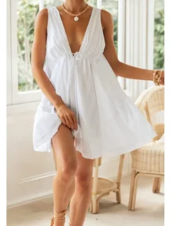 Best Women's Mini Dress White Dress Graduation Dress Fashion Graduation Going out Regular Fit Plain Sleeveless V Neck White Navy Blue Apricot Summer Women White Dresses