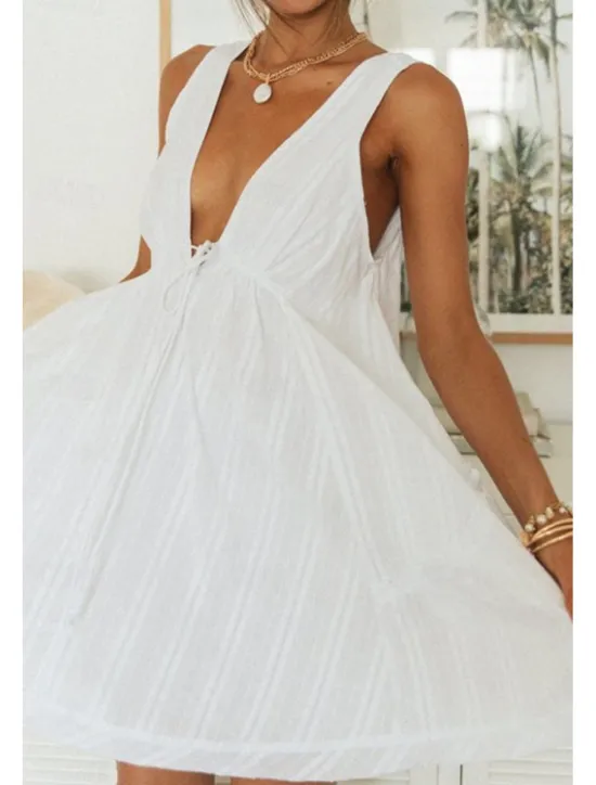 Best Women's Mini Dress White Dress Graduation Dress Fashion Graduation Going out Regular Fit Plain Sleeveless V Neck White Navy Blue Apricot Summer Women White Dresses