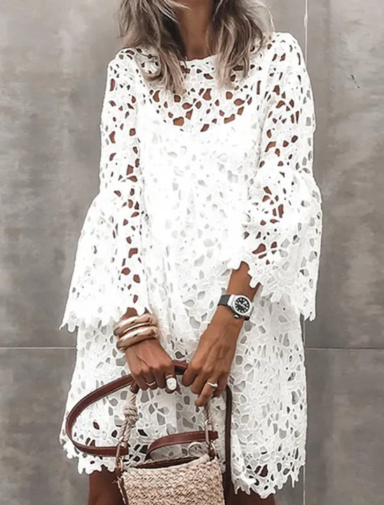Women's Mini Dress White Dress White Lace Wedding Dress Boho Dress Fashion Outdoor Regular Fit Plain 3/4 Length Sleeve Crew Neck Black White Summer Women White Dresses