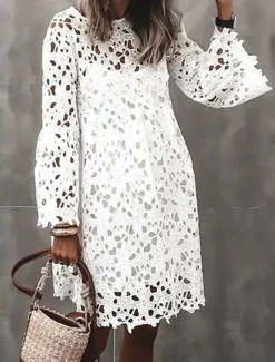 Women's Mini Dress White Dress White Lace Wedding Dress Boho Dress Fashion Outdoor Regular Fit Plain 3/4 Length Sleeve Crew Neck Black White Summer Women White Dresses