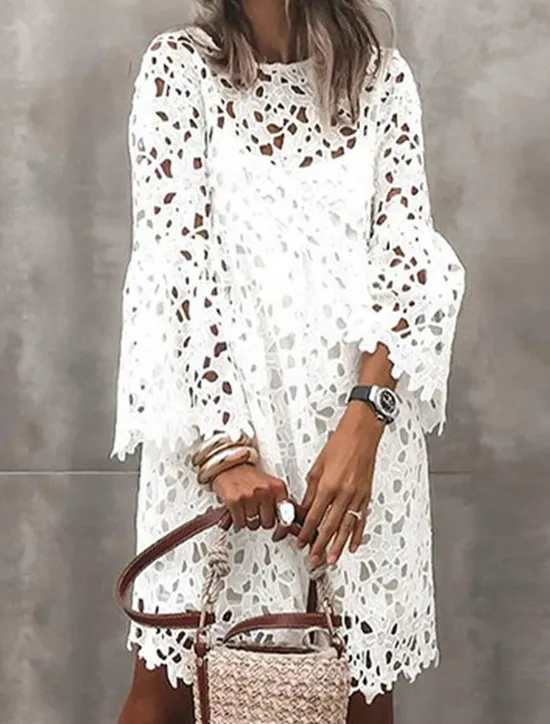 Women's Mini Dress White Dress White Lace Wedding Dress Boho Dress Fashion Outdoor Regular Fit Plain 3/4 Length Sleeve Crew Neck Black White Summer Women White Dresses