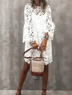 Women's Mini Dress White Dress White Lace Wedding Dress Boho Dress Fashion Outdoor Regular Fit Plain 3/4 Length Sleeve Crew Neck Black White Summer Women White Dresses