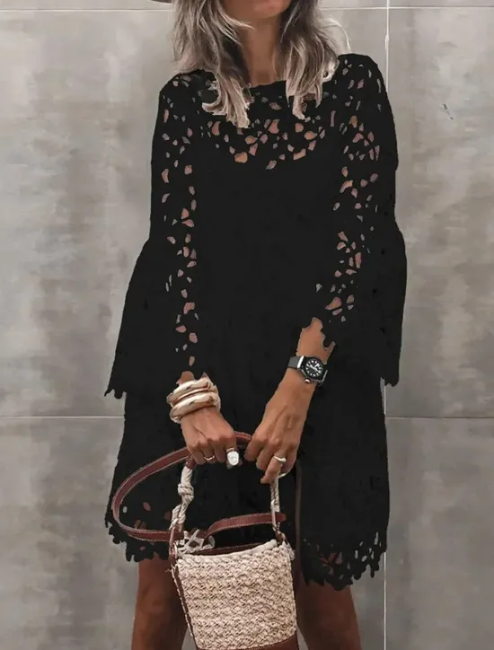 Women's Mini Dress White Dress White Lace Wedding Dress Boho Dress Fashion Outdoor Regular Fit Plain 3/4 Length Sleeve Crew Neck Black White Summer Women White Dresses