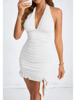 New Women's Mini Dress White Dress Graduation Dress Homecoming Dress Halter Neck Dress Fashion Birthday Graduation Date Regular Fit Plain Sleeveless Halter Neck Black White Yellow Pink Summer Women White Dresses