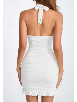 New Women's Mini Dress White Dress Graduation Dress Homecoming Dress Halter Neck Dress Fashion Birthday Graduation Date Regular Fit Plain Sleeveless Halter Neck Black White Yellow Pink Summer Women White Dresses