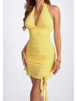 New Women's Mini Dress White Dress Graduation Dress Homecoming Dress Halter Neck Dress Fashion Birthday Graduation Date Regular Fit Plain Sleeveless Halter Neck Black White Yellow Pink Summer Women White Dresses