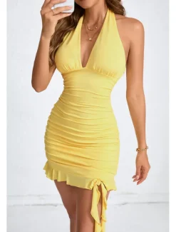 New Women's Mini Dress White Dress Graduation Dress Homecoming Dress Halter Neck Dress Fashion Birthday Graduation Date Regular Fit Plain Sleeveless Halter Neck Black White Yellow Pink Summer Women White Dresses