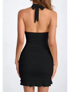 New Women's Mini Dress White Dress Graduation Dress Homecoming Dress Halter Neck Dress Fashion Birthday Graduation Date Regular Fit Plain Sleeveless Halter Neck Black White Yellow Pink Summer Women White Dresses