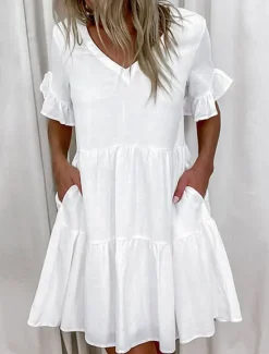 Best Women's Mini Dress White Dress Casual Dress Ruffle Dress Puff Sleeve Dress Basic Casual Vacation Daily Regular Fit Plain Sleeveless V Neck White Yellow Blue Summer Women White Dresses