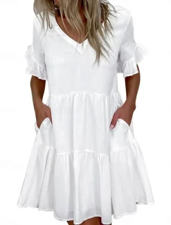 Best Women's Mini Dress White Dress Casual Dress Ruffle Dress Puff Sleeve Dress Basic Casual Vacation Daily Regular Fit Plain Sleeveless V Neck White Yellow Blue Summer Women White Dresses
