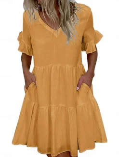 Best Women's Mini Dress White Dress Casual Dress Ruffle Dress Puff Sleeve Dress Basic Casual Vacation Daily Regular Fit Plain Sleeveless V Neck White Yellow Blue Summer Women White Dresses