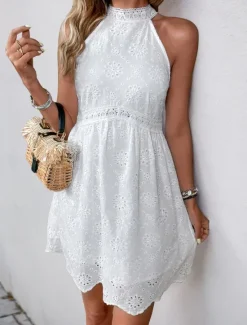Women's Mini Dress Dress Casual Dress Boho Dress Basic Casual Vacation Daily Regular Fit Plain Sleeveless Halter Neck Summer Women White Dresses