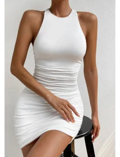 Outlet Women's Mini Dress Dress Graduation Dress Sheath Dress Fashion Birthday Graduation Date Regular Fit Plain Sleeveless Crew Neck Summer Women White Dresses