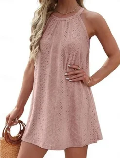 Best Women's Mini Dress White Dress Casual Dress Tank Dress Basic Casual Vacation Daily Regular Fit Plain Sleeveless Halter Neck Black White Pink Sky Blue Summer Women White Dresses