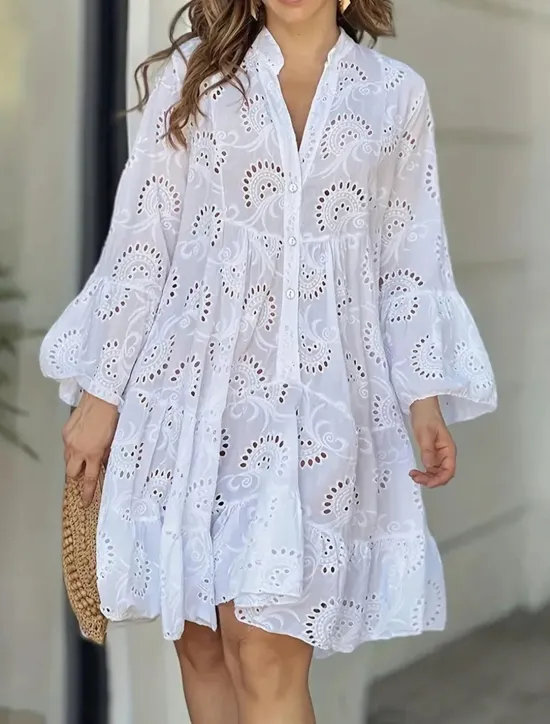 Clearance Women's Mini Dress Dress Lace Dress Casual Dress Summer Dress Streetwear Basic Street Date Loose Fit Long Sleeve Split Neck Summer Women White Dresses