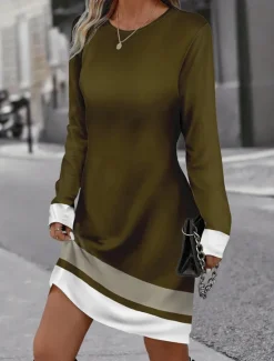 New Women's Mini Dress Winter Dress Stripe Print Crew Neck Daily Vacation Long Sleeve Fall Winter Women T Shirt Dresses