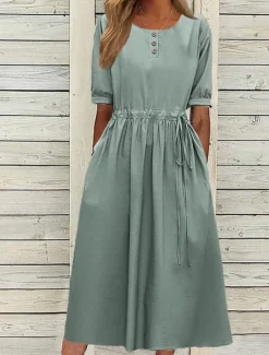 Best Women's Navy Blue Blue Light Purple Summer Spring Fall Midi Dress Casual Dress Swing Dress Basic Modern Casual Outdoor Daily Loose Fit Plain Crew Neck Women Work Dresses
