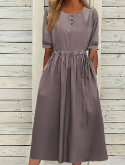 Best Women's Navy Blue Blue Light Purple Summer Spring Fall Midi Dress Casual Dress Swing Dress Basic Modern Casual Outdoor Daily Loose Fit Plain Crew Neck Women Work Dresses