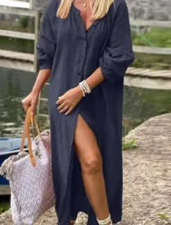Women's Navy Blue Green Gray Spring Fall Maxi Dress Linen-Inspired Dresses Fashion Daily Outdoor Work Loose Fit Square Neck Women Dresses