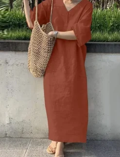 Discount Women's Navy Blue Orange Green Summer Spring Maxi Dress Linen-Inspired Dresses Casual Dress Basic Modern Daily Weekend Loose Fit Plain V Neck Women Dresses