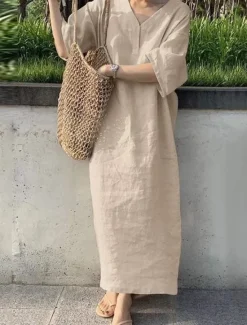 Discount Women's Navy Blue Orange Green Summer Spring Maxi Dress Linen-Inspired Dresses Casual Dress Basic Modern Daily Weekend Loose Fit Plain V Neck Women Dresses