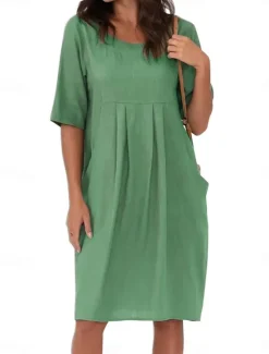 New Women's Navy Blue Sky Blue Green Summer Spring Mini Dress Linen-Inspired Dresses Casual Dress Basic Modern Daily Weekend Loose Fit Plain Crew Neck Women Dresses