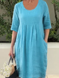 New Women's Navy Blue Sky Blue Green Summer Spring Mini Dress Linen-Inspired Dresses Casual Dress Basic Modern Daily Weekend Loose Fit Plain Crew Neck Women Dresses