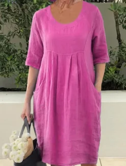 New Women's Navy Blue Sky Blue Green Summer Spring Mini Dress Linen-Inspired Dresses Casual Dress Basic Modern Daily Weekend Loose Fit Plain Crew Neck Women Dresses