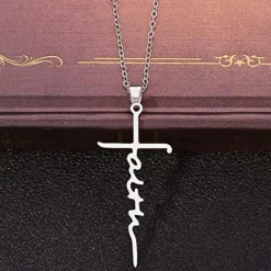 Women's Necklace Faith Cross Jesus Stainless Steel Pendant Necklace Gold Silver Cross Necklace for Dainty Women Letters Decoration Jewelry Faith Grace Love Women Trendy Jewelry