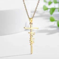 Women's Necklace Faith Cross Jesus Stainless Steel Pendant Necklace Gold Silver Cross Necklace for Dainty Women Letters Decoration Jewelry Faith Grace Love Women Trendy Jewelry