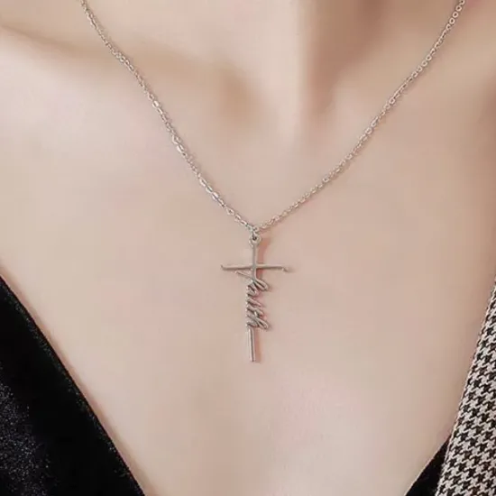 Women's Necklace Faith Cross Jesus Stainless Steel Pendant Necklace Gold Silver Cross Necklace for Dainty Women Letters Decoration Jewelry Faith Grace Love Women Trendy Jewelry