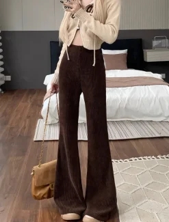 New Women's Normal Bell Bottom Fashion Classic Style Full Length High Waist Solid Color Patchwork Comfy Breathability Micro-elastic Black Apricot Coffee Spring & Fall Regular Fit Women Pants