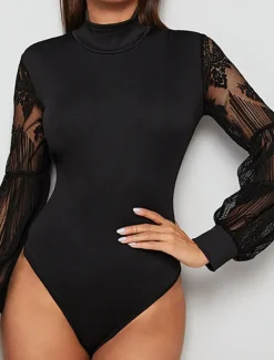 Online Women's Normal Bodysuit Elegant Solid Color Long Sleeve Lantern Sleeve Stand Collar Lace High Waist Work Street Regular Fit Fall Women Bodysuits