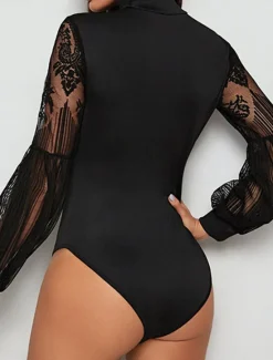 Online Women's Normal Bodysuit Elegant Solid Color Long Sleeve Lantern Sleeve Stand Collar Lace High Waist Work Street Regular Fit Fall Women Bodysuits