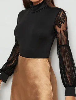 Online Women's Normal Bodysuit Elegant Solid Color Long Sleeve Lantern Sleeve Stand Collar Lace High Waist Work Street Regular Fit Fall Women Bodysuits