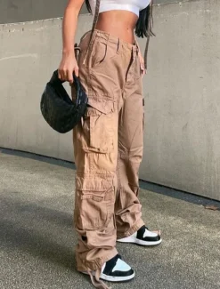 New Women's Normal Cargo Pants Pants Trousers Baggy Pants Fashion Casual Lounge Full Length Mid Waist Plain Maillard Baggy Comfort Micro-elastic Office Black Green Khaki Gray Autumn / Fall Regular Fit Women Pants