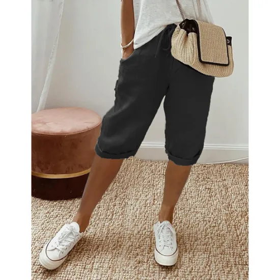 Clearance Women's Normal Cotton Linen Pants Chinos Casual Daily Knee Length Natural Solid Colored Pocket Drawstring Elastic Waist Breathability Comfortable Inelastic Vacation Casual Daily Navy-blue milk white Women Pants