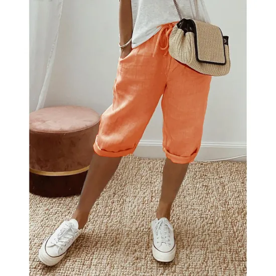 Clearance Women's Normal Cotton Linen Pants Chinos Casual Daily Knee Length Natural Solid Colored Pocket Drawstring Elastic Waist Breathability Comfortable Inelastic Vacation Casual Daily Navy-blue milk white Women Pants