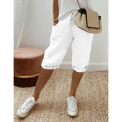 Clearance Women's Normal Cotton Linen Pants Chinos Casual Daily Knee Length Natural Solid Colored Pocket Drawstring Elastic Waist Breathability Comfortable Inelastic Vacation Casual Daily Navy-blue milk white Women Pants