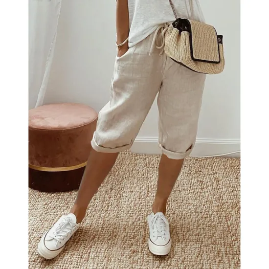Clearance Women's Normal Cotton Linen Pants Chinos Casual Daily Knee Length Natural Solid Colored Pocket Drawstring Elastic Waist Breathability Comfortable Inelastic Vacation Casual Daily Navy-blue milk white Women Pants