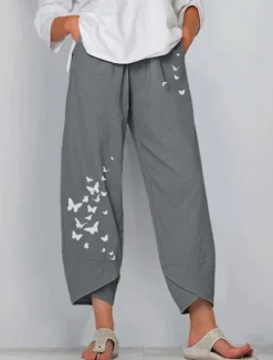 New Women's Normal Cotton Linen Pants Pants Trousers Capri shorts Chino Ankle-Length High Waist Butterfly Baggy Print Breathable Soft Outdoor Inelastic Casual Going out Black / Red Light Green Grey Women Pants