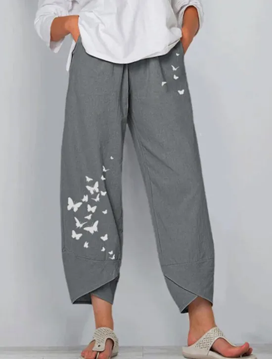 New Women's Normal Cotton Linen Pants Pants Trousers Capri shorts Chino Ankle-Length High Waist Butterfly Baggy Print Breathable Soft Outdoor Inelastic Casual Going out Black / Red Light Green Grey Women Pants